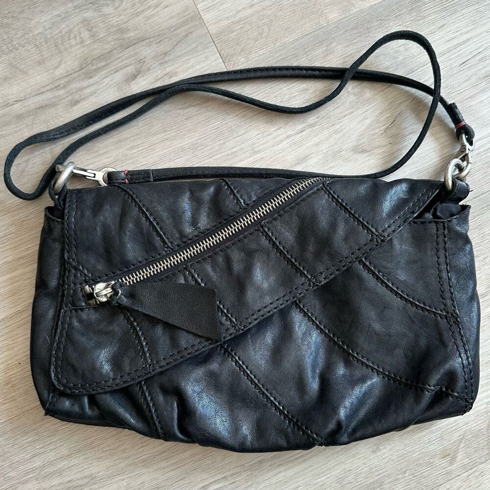 Lucky Brand Black Lamb Leather Foldover Shoulder Bag Chunky Hardware